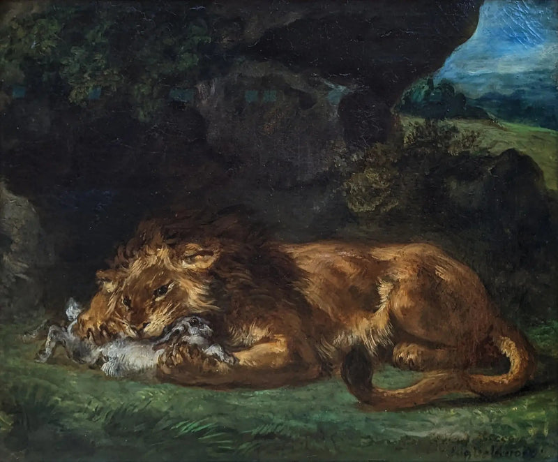 Leeuw die een konijn verslindt - Eugène Delacroix