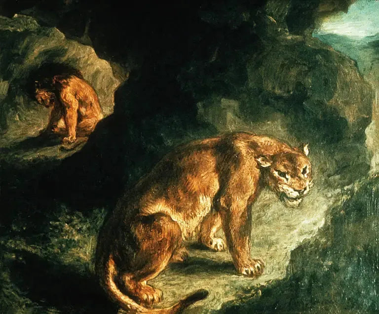 Leeuwin en leeuw in hun hol - Eugène Delacroix