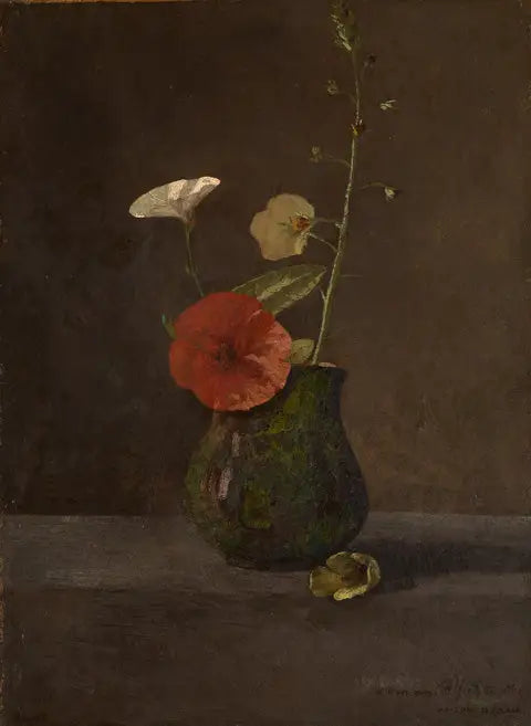 Liserons en klaprozen in een kleine groene kan - Odilon Redon