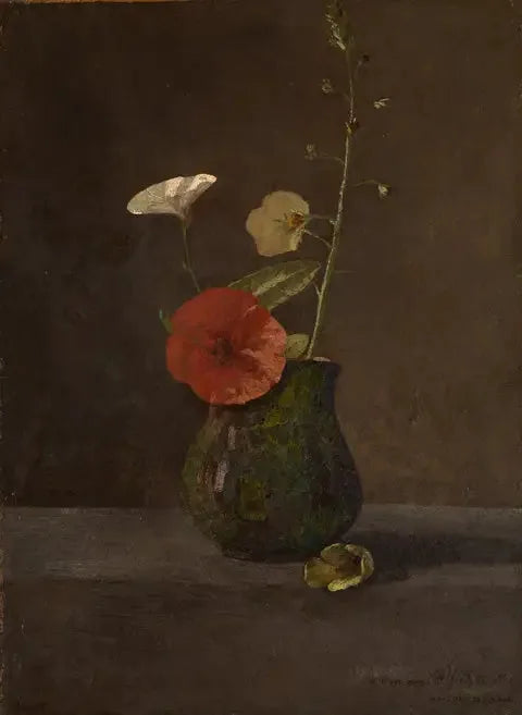 Liserons en klaprozen in een kleine groene kan - Odilon Redon