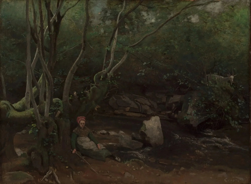 Lormes, Een herderin zittend aan de rand van een beekje onder de bomen - Jean-Baptiste Camille Corot