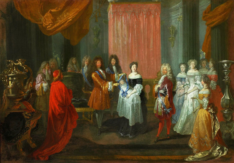 Lodewijk XIV geeft de blauwe lint aan de heer hertog van Bourgondië. - Antoine Watteau