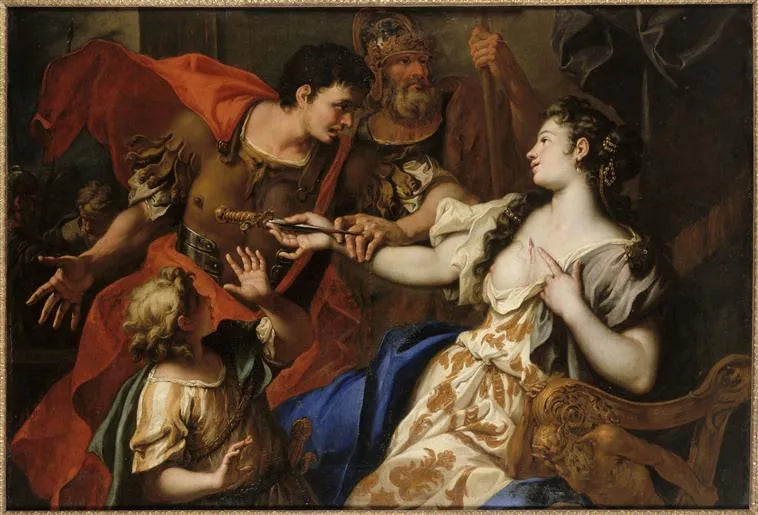 Lucrezia die zelfmoord pleegt voor de ogen van haar vader Lucretius en haar echtgenoot Tarquinius Collatinus - Sebastiano Ricci