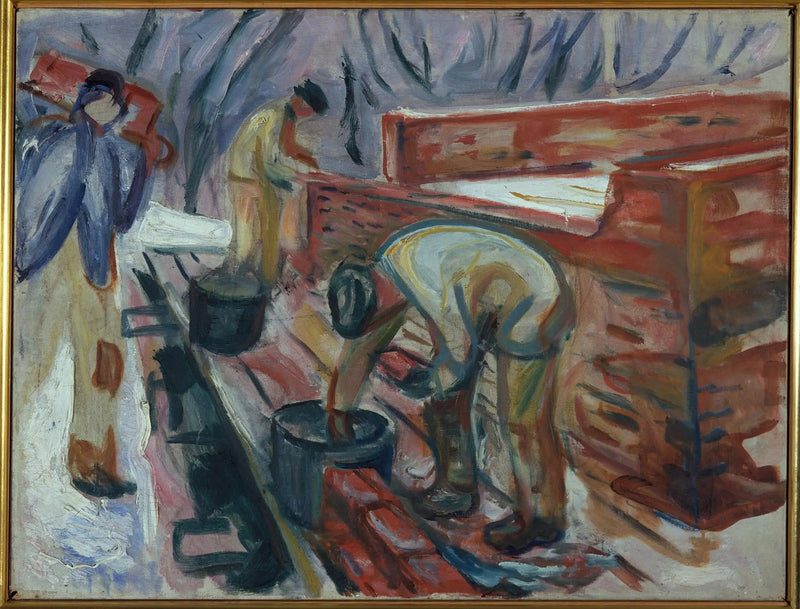 Metselaars aan het werk aan het gebouw van de studio - Edvard Munch