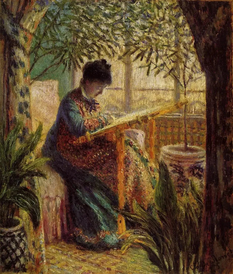 Mevrouw Monet bordurend (Camille aan het weefgetouw) - Claude Monet