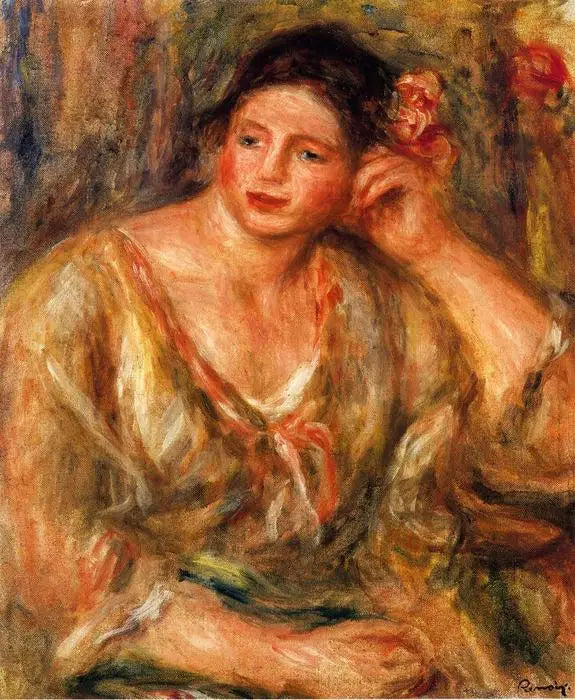 Madeleine leunend op haar elleboog met bloemen in het haar - Pierre-Auguste Renoir