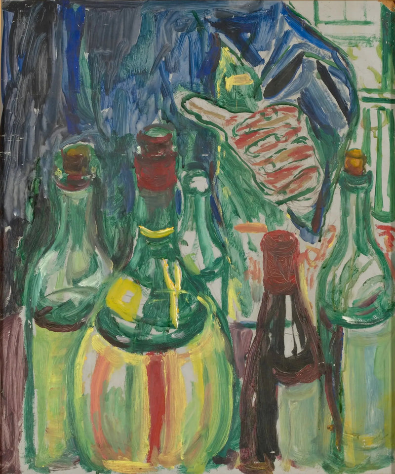 Hoofd dat zich uitstrekt naar flessen - Edvard Munch