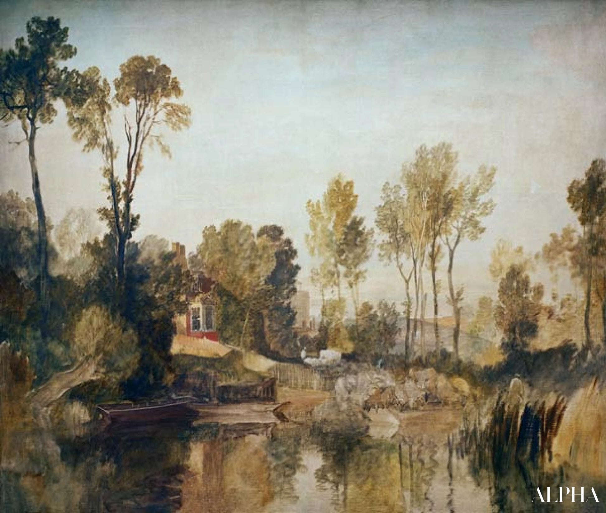 Huis aan de rivier met bomen en schapen - William Turner - Reproducties van schilderijen en hoogwaardige schilderijen