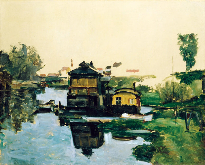 Drijvende huizen op een rivier - Paul Cézanne