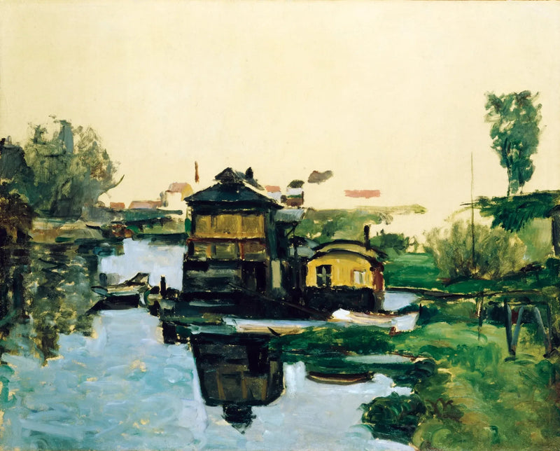 Drijvende huizen op een rivier - Paul Cézanne