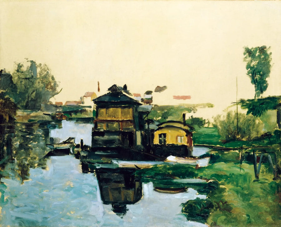 Drijvende huizen op een rivier - Paul Cézanne