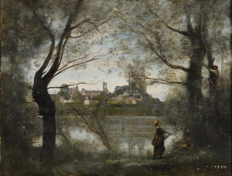 Mantes, de kathedraal en de stad gezien door de bomen, 's avonds - Jean-Baptiste Camille Corot