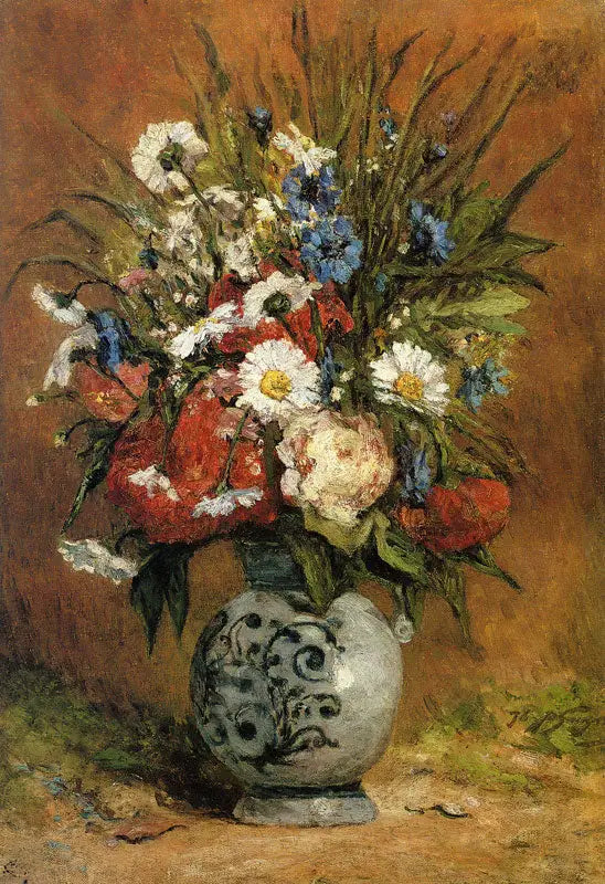Margrieten en pioenen in een blauwe vaas - Paul Gauguin