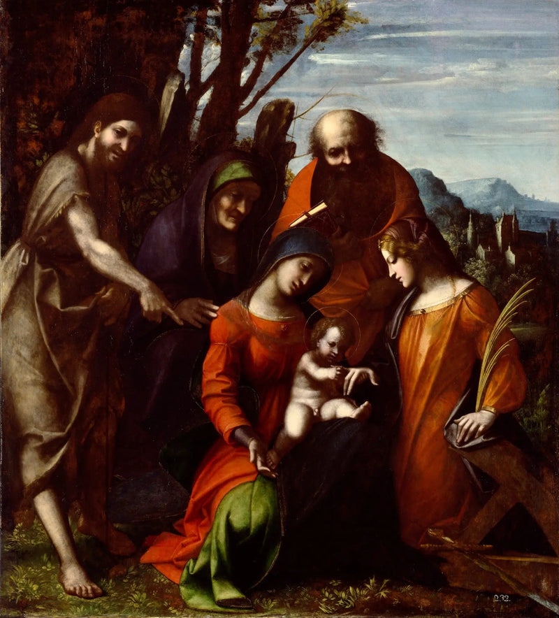 Mystieke bruiloft van Sint-Catharina van Alexandrië en drie heiligen in een landschap - Antonio da Correggio