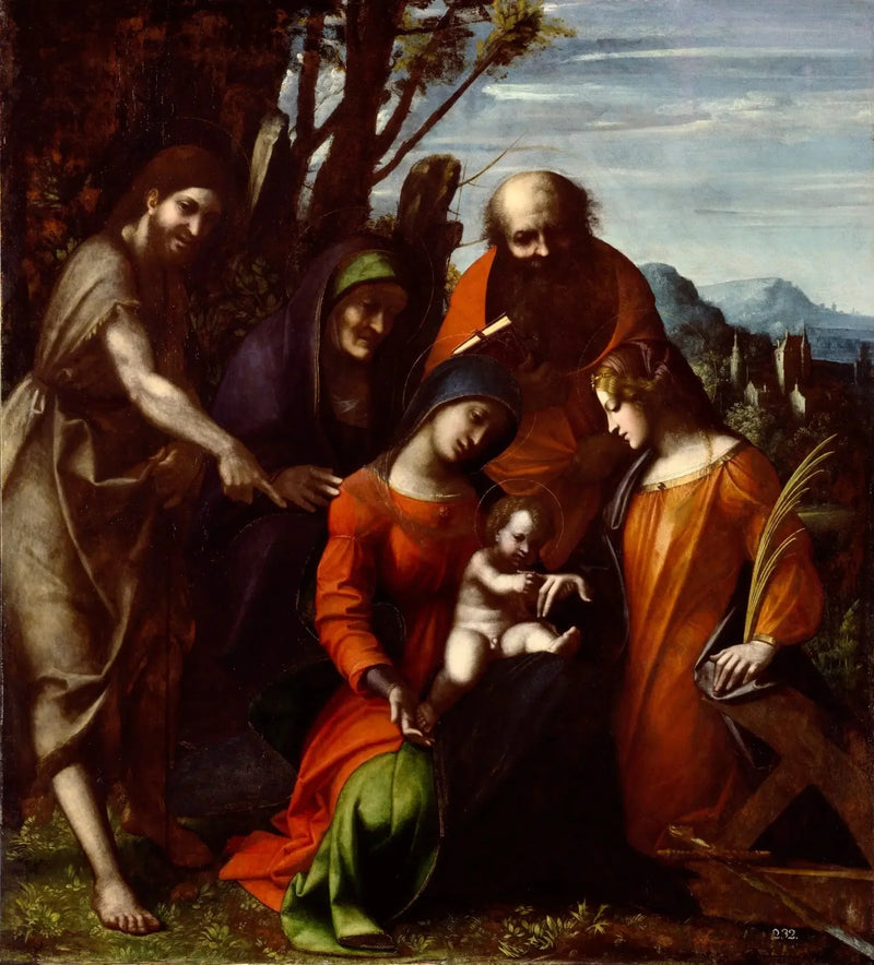Mystieke bruiloft van Sint-Catharina van Alexandrië en drie heiligen in een landschap - Antonio da Correggio