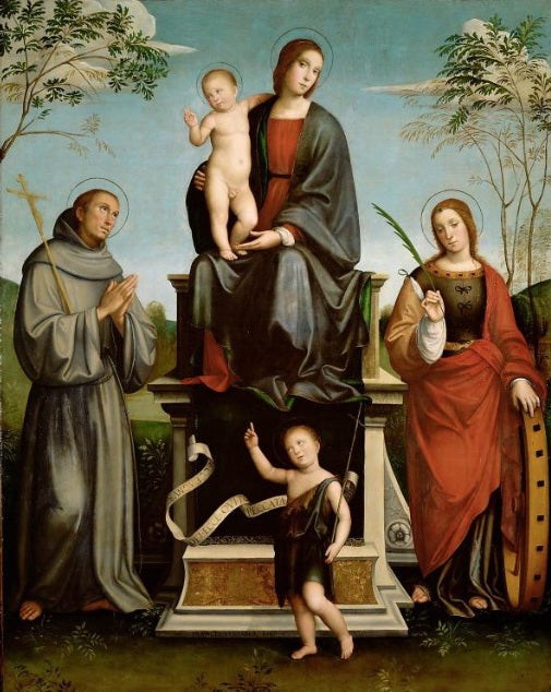 Maria met het Kind, Sint Franciscus, Sint Catharina en de jonge Sint Johannes de Doper - Francesco Francia