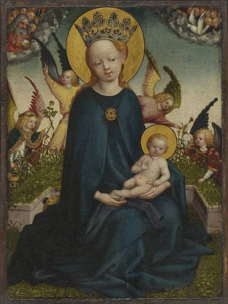 Maria met het Kind Jezus naast een plantenbak - Stefan Lochner