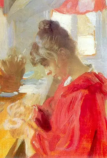 Marie zit aan een tafel te naaien - Peder Severin Krøyer