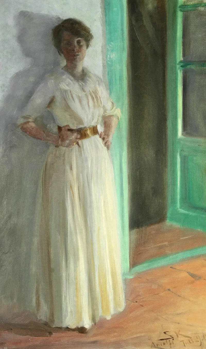 Marie Krøyer. Volledig portret. Avond bij het licht van de straatlantaarns op het terras. - Peder Severin Krøyer