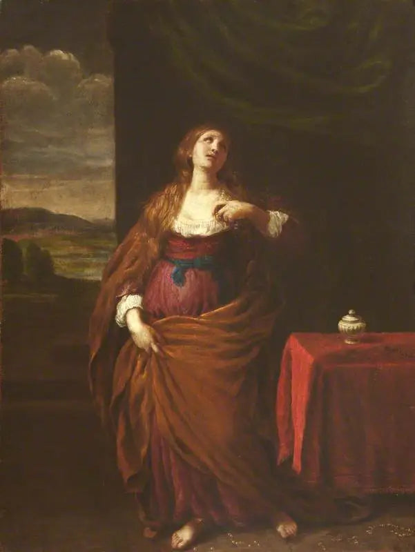 Marie-Madeleine staand helemaal recht met uitzicht op een uitgestrekt landschap daarbuiten - Guido Reni