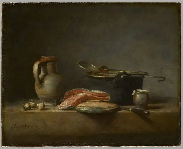 Koperen pan, schuimspaan, kan en zalmfilet - Jean Simeón Chardin