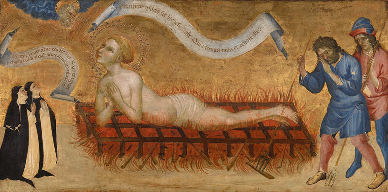 Martelaarschap van Sint Laurentius met twee benedictijnse nonnen - Giovanni di Paolo