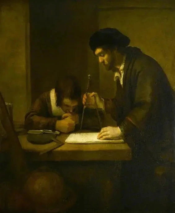De wiskundige, een geleerde met delers en een passer aan een tafel in zijn kantoor, bijgestaan door een leerling - Rembrandt