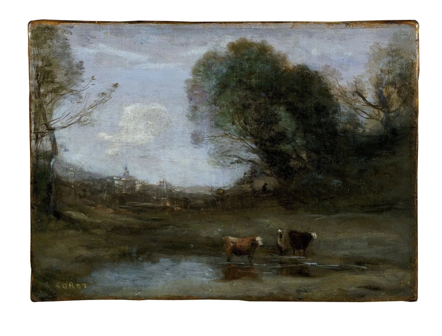 Ochtend: Landschap met twee koeien en een silhouet - Jean-Baptiste Camille Corot