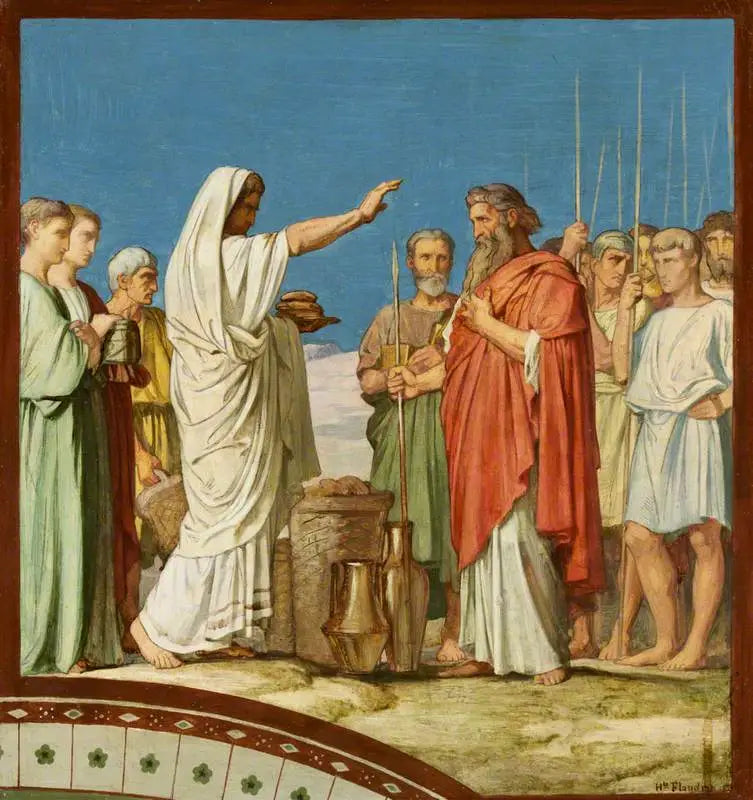 Melchisédech die brood en wijn aanbiedt, zegenend Abraham: Model voor de fresco van de linker zijbeuk van Saint-Germain-des-Prés, Parijs, 1859 (Melchisédek zegenend Abraham en brood en wijn aanbiedend) - Hippolyte Flandrin
