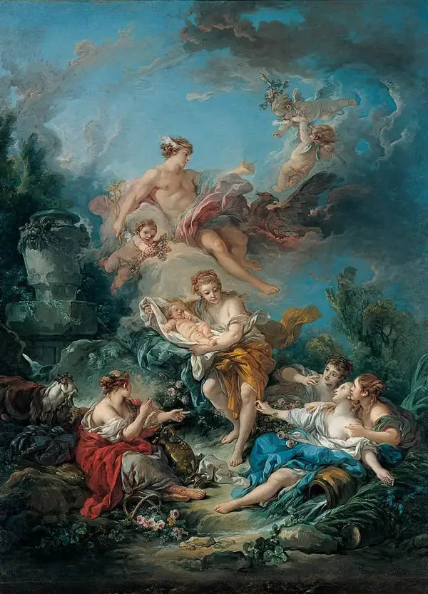 Vertrouwelijke Mercuur de kind Bacchus aan de nimfen van Nysa - François Boucher