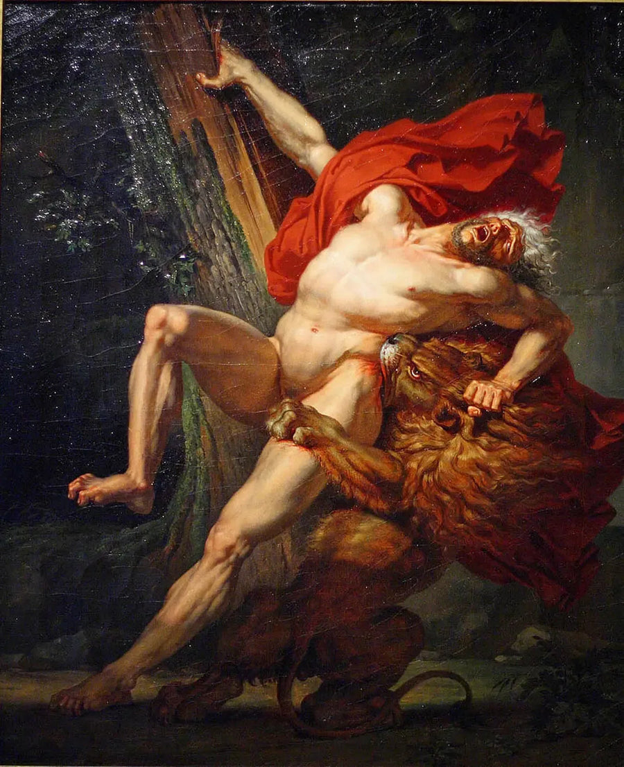 Milon van Kroton, die zijn kracht wilde testen, wordt verrast en verslonden door een leeuw - Charles Meynier

Source:
Milon de Crotone, voulant essayer sa force, est surpris et dévoré par un lion - Charles Meynier