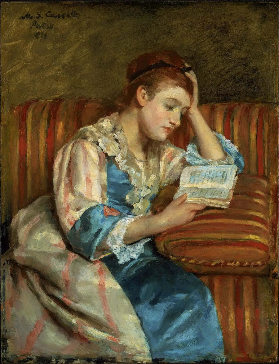 Mevrouw Duffee zittend op een gestreepte bank, aan het lezen - Mary Cassatt