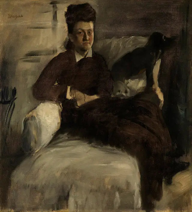Mevrouw Jeantaud op haar ligstoel met twee honden - Edgar Degas