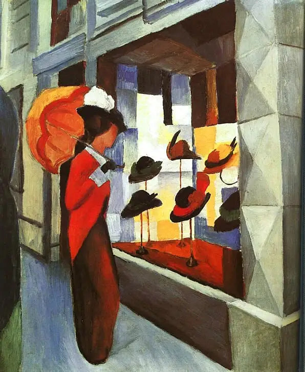 Vrouw met parasol voor de hoedenwinkel - August Macke