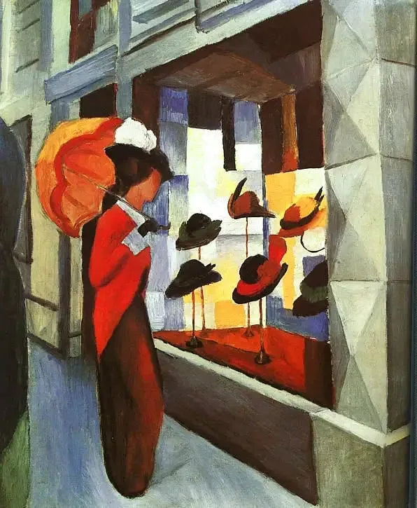 Vrouw met parasol voor de hoedenwinkel - August Macke