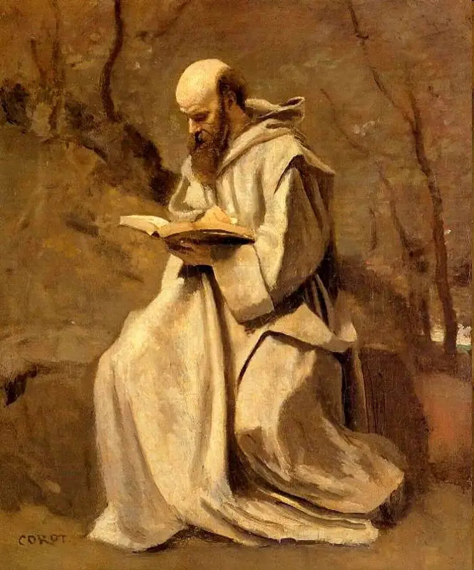 Witte monnik, zittend, lezend - Jean-Baptiste Camille Corot