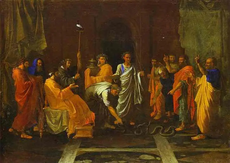 Mozes die de staf van Aaron verandert in een slang - Nicolas Poussin