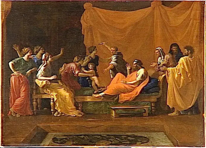Mozes als kind die de kroon van de farao onder de voet loopt - Nicolas Poussin