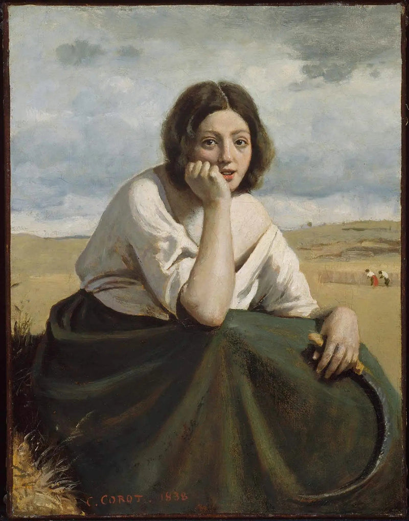 Maaimachine met haar sikkel, hoofd leunend op de hand - Jean-Baptiste Camille Corot