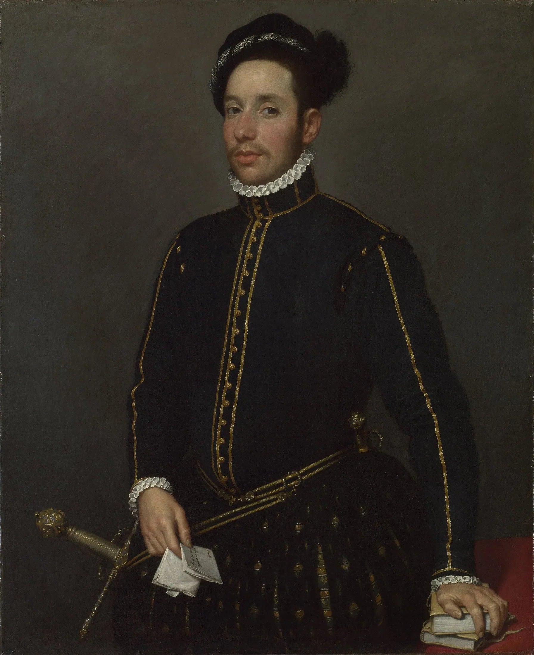 Monsieur gaucher avec deux in-quartos et une lettre - Giovanni Battista Moroni image 1 reproduction artisanale de tableau