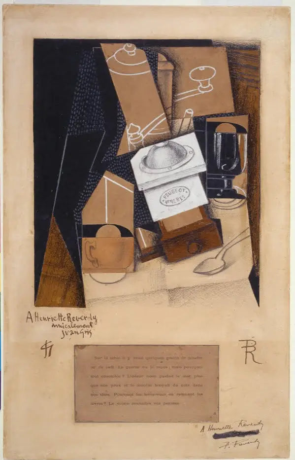 Koffiemolen, kopje en glas op een tafel - Juan Gris