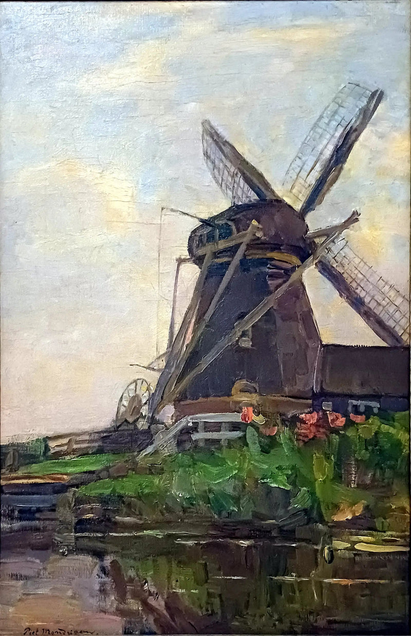 Oostzijdse Molen, verticale olieverf schets met blauwe lucht - Piet Mondrian