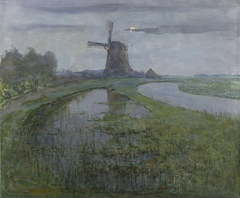 Oostzijdse molen langs de Gein rivier bij maanlicht - Piet Mondrian