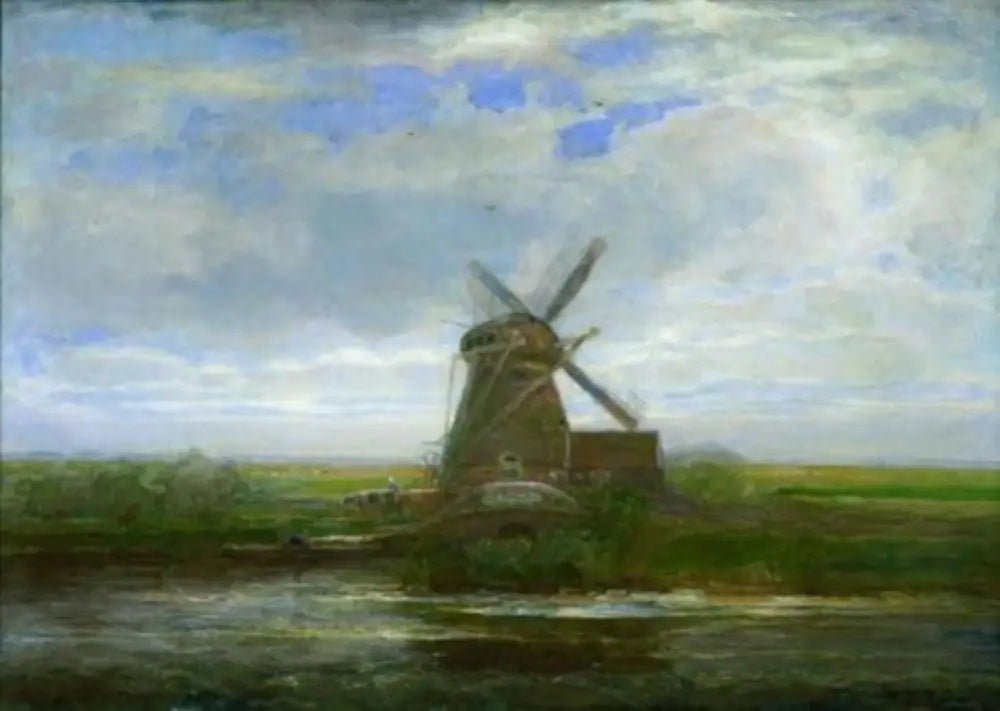 Reproduction du tableau « Moulin d'Oostzijdse avec coucher de soleil panoramique, moulin au centre - Piet Mondrian » par Alpha Reproduction en peinture à l’huile