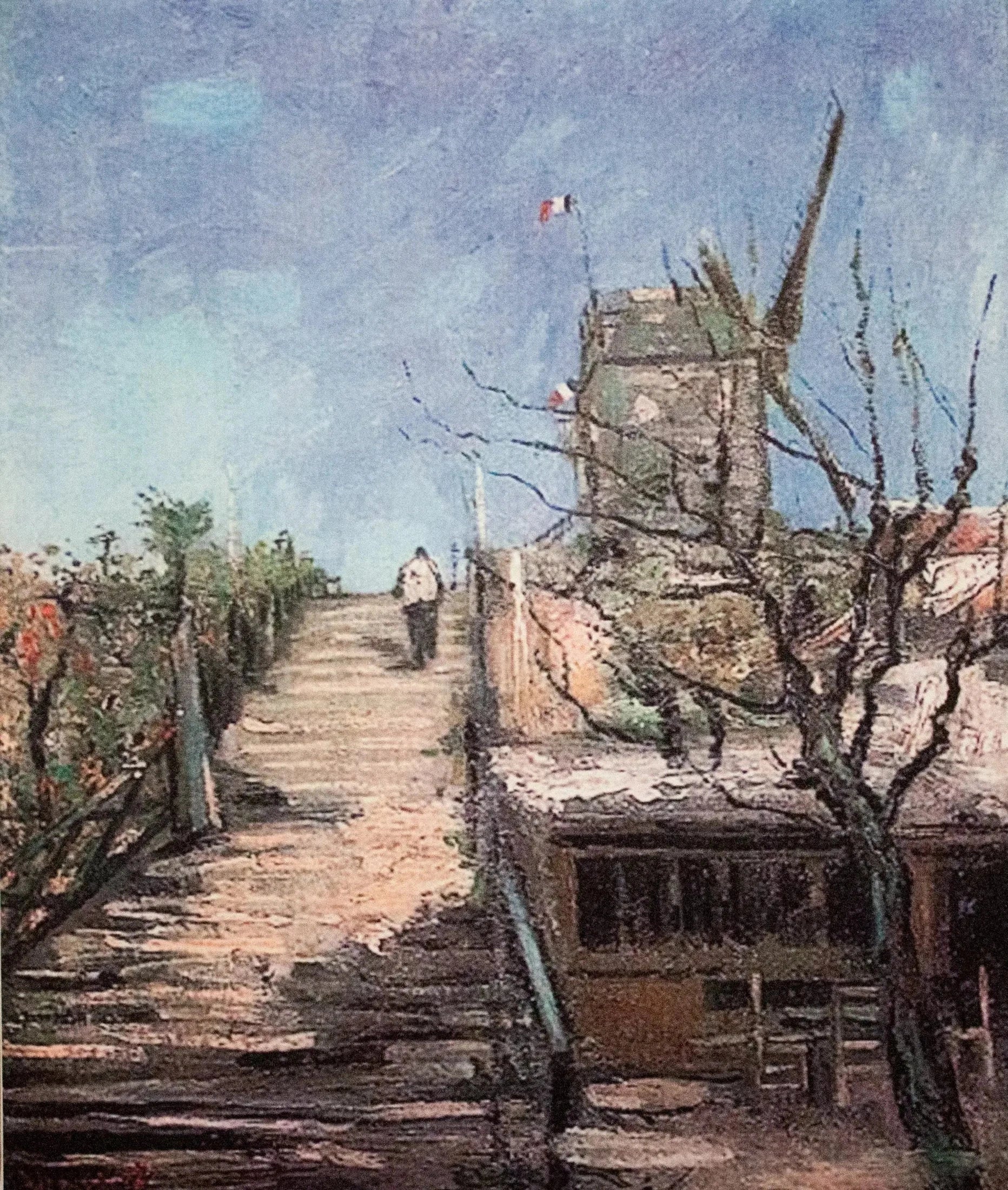 Moulin à vent de Montmartre F271 — escalier, promeneur et moulin au drapeau français peints par Vincent van Gogh