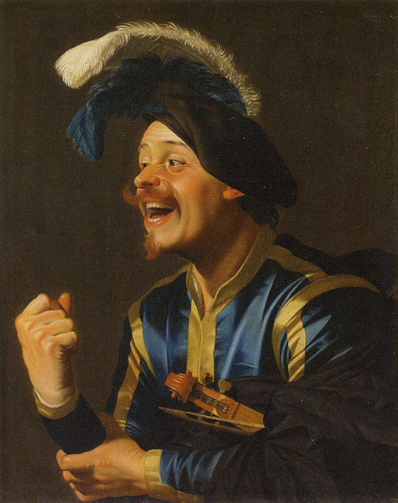 lachende musicus met een viool onder de arm - Gerrit van Honthorst