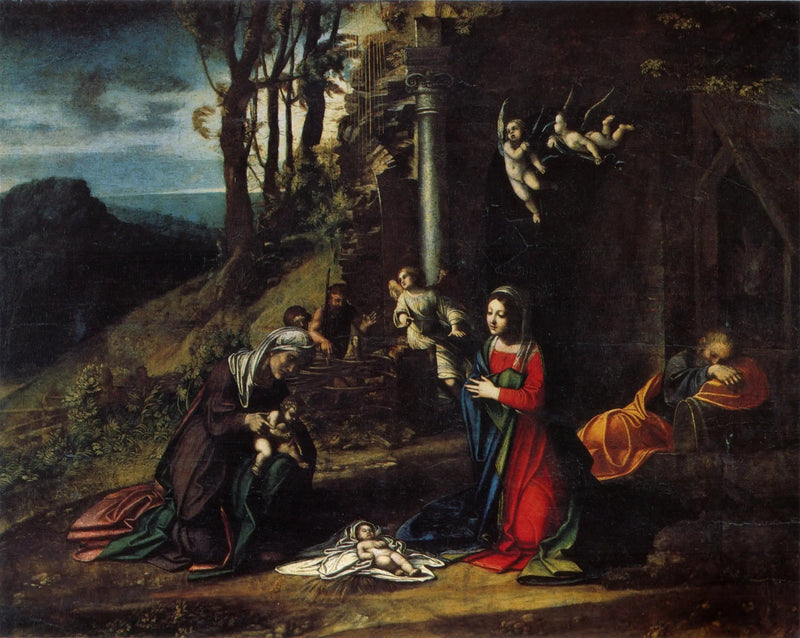 Kerststatuette met heilige Elisabeth en heilige Johannes - Antonio da Correggio