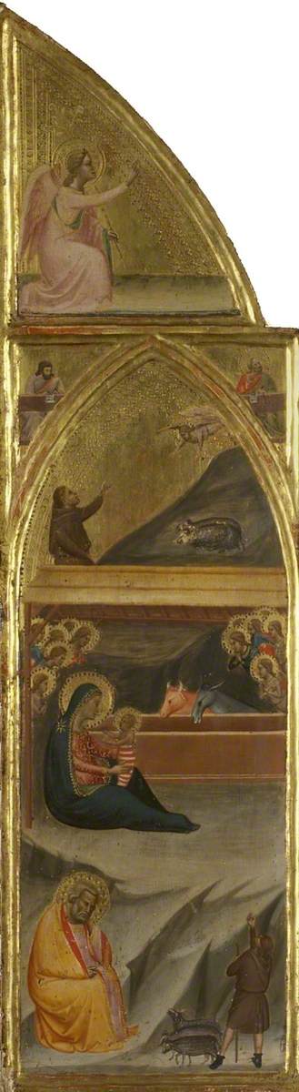 Geboorte, en twee evangelisten, en de aartsengel van de Aankondiging (triptychon, linker paneel) (voorzijde) - Bernardo Daddi