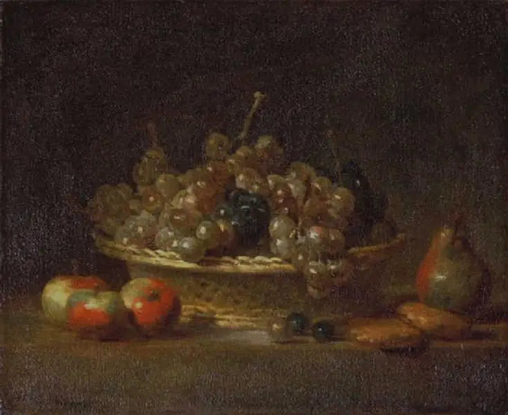 Stilleven met een mandje gedroogde rozijnen, met drie appels, een peer en twee marsepeinen - Jean Simeón Chardin
