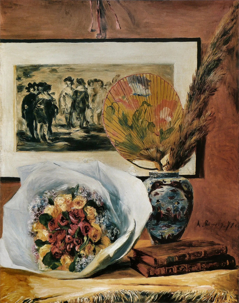 Stilleven met boeket en waaier - Pierre-Auguste Renoir